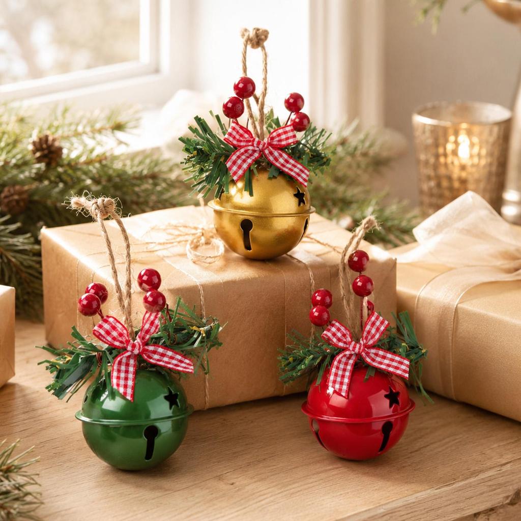 Christmas Metal Bell Ornaments Bowknot Red Berry Pine Needle Hanging Bells Xmas Tree Pendants for Holiday Party Decor Supplies