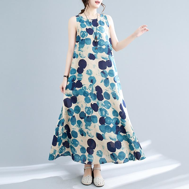 Long Skirt Summer New Sleeveless Round Neck Printed Mid Length Dress