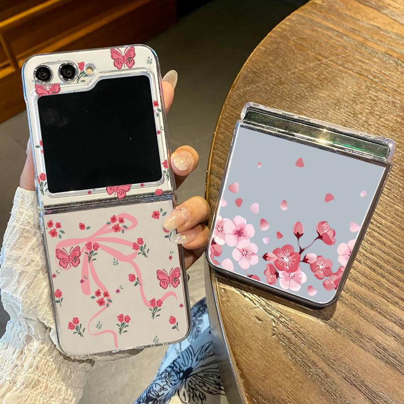 Pink Bowknot Pattern Clear Case For Samsung Galaxy Z Flip7 Flip6 Flip5 Hard Folding Phone Cover For Samsung Z Flip 7 6 5 4 3 5G