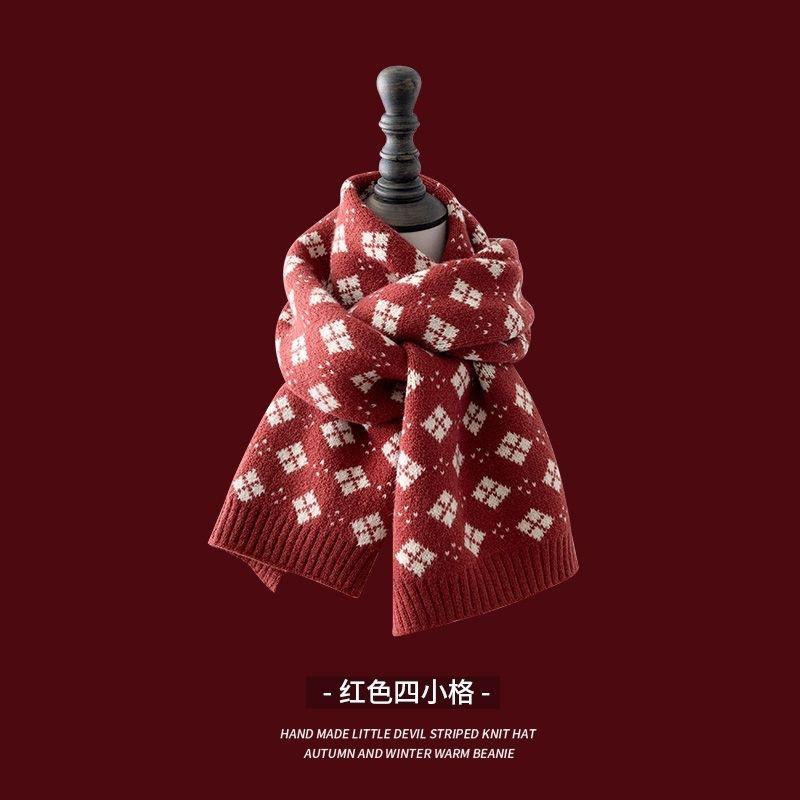 Red Scarf Women's Winter Versatile Premium Sense China Red Checked Destiny Women's Winter Scarf Christmas New Year
