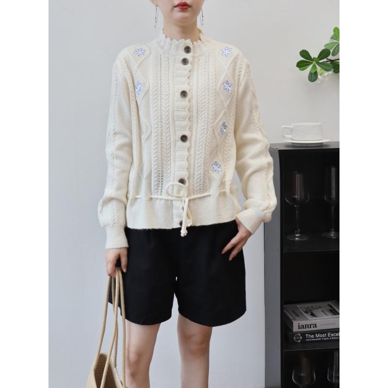 

Винтажный свитер-куртка с вышивкой цветов в стиле тяжелой промышленности, женский, новый, осенне-зимний, нежный, с кулиской, вязаный кардиган One Size
