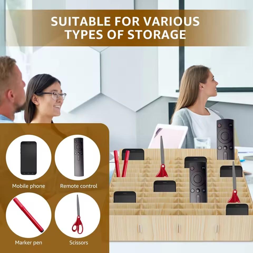 12/24-Grid Mobile Phone Storage Box Wood Multifunctional Holder Desktop Organizer for Office Classroom Phone Management