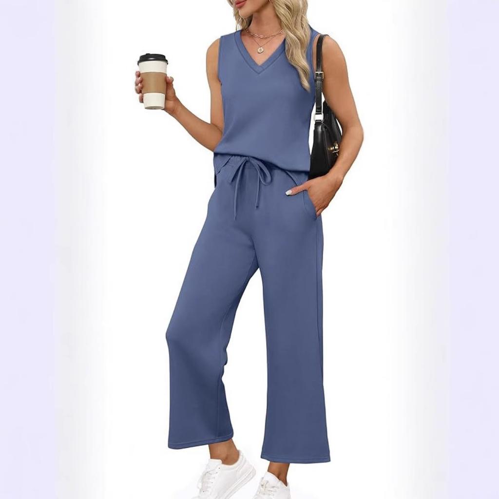 Women's Loose Fit Two Piece Outfit Sleeveless V Neck Tank Top Drawstring Waist Wide Leg Pants Tracksuit