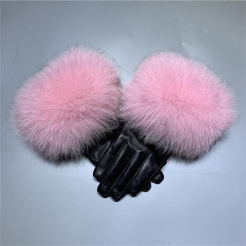 Jxwatcher Winter Women Warm Genuine Sheepskin Gloves Luxury Fur Trim Full Finger Fashion Leather Gloves