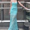 Light Green Floral Print Mesh Slip Dress Women Beach Vacation Party Sexy Bodycon Mermaid Long