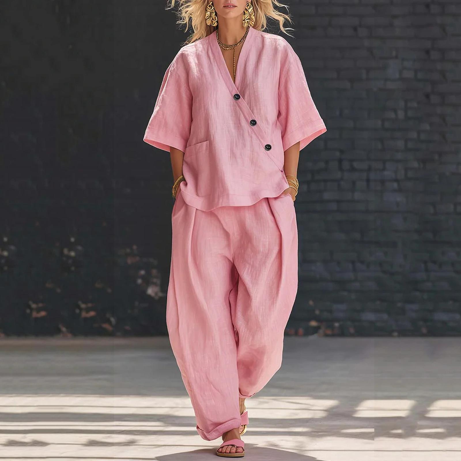 

Women’s Two Piece Set Loose Fit V Neck Button Top and Wide Leg Pants Casual Outfit Lightweight Fabric Suit for Daily Wear XL рожевий