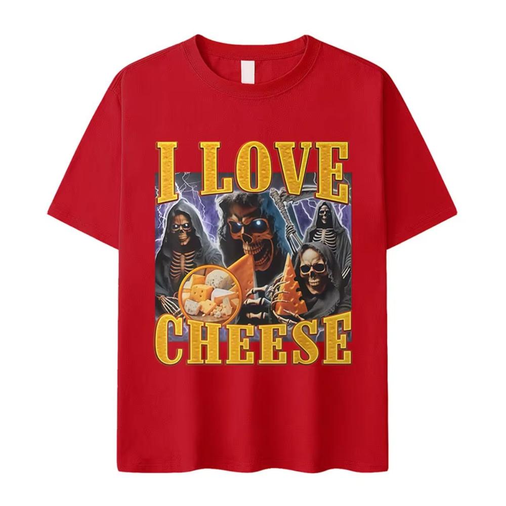 Ich liebe Käse Lustiges Skelett Meme Grafik T-Shirt Herren Vintage Übergroßes Kurzarm-T-Shirt Mode Baumwoll-T-Shirt