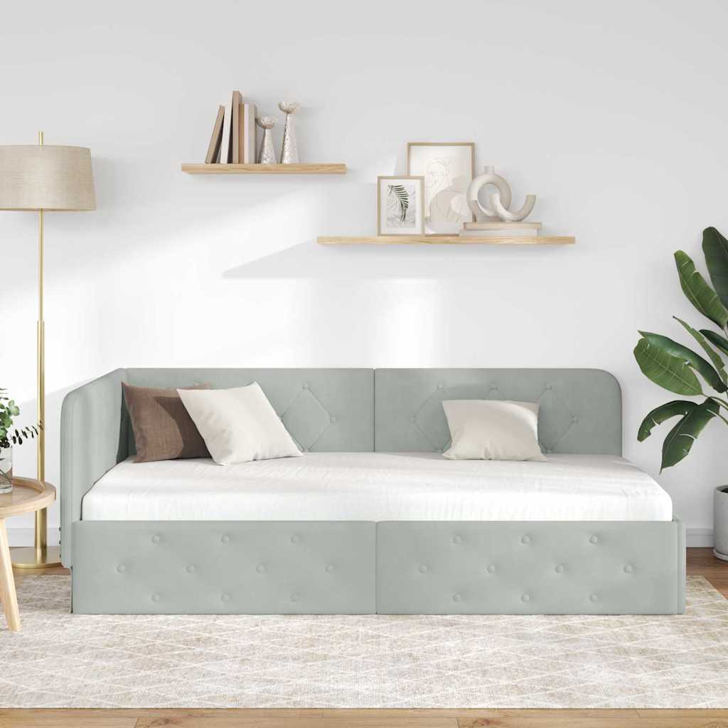 Corner Bed Frame Light Grey 90 X 190 Cm Velvet