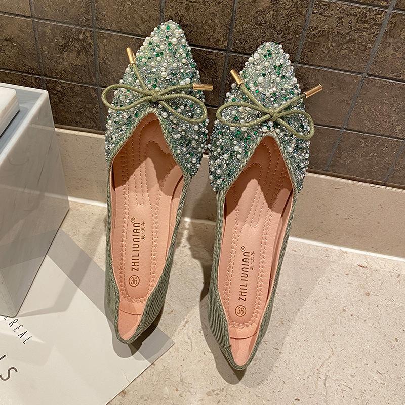 Single Shoes Women's Summer New Versatile Pointed Laden Shoes Flat Sequins Bridesmaid Shoes Fat Feet Large Size Women's Shoes