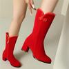 Fashion Elegant Flock Mid-calf Boots Women Shoes Woman Fashion Mid Heels Winter Lace Party Boots Black Red Bottine Mujer Large Size33-43