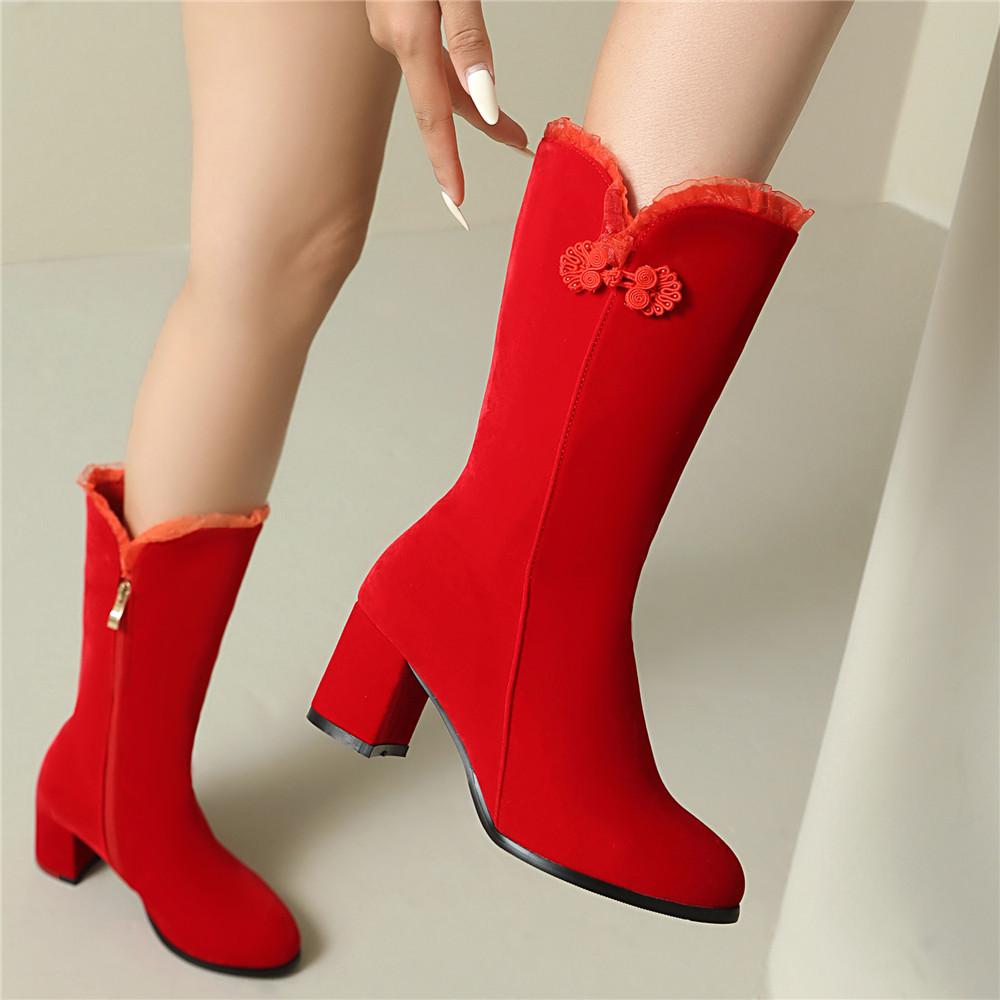 Fashion Elegant Flock Mid-calf Boots Women Shoes Woman Fashion Mid Heels Winter Lace Party Boots Black Red Bottine Mujer Large Size33-43