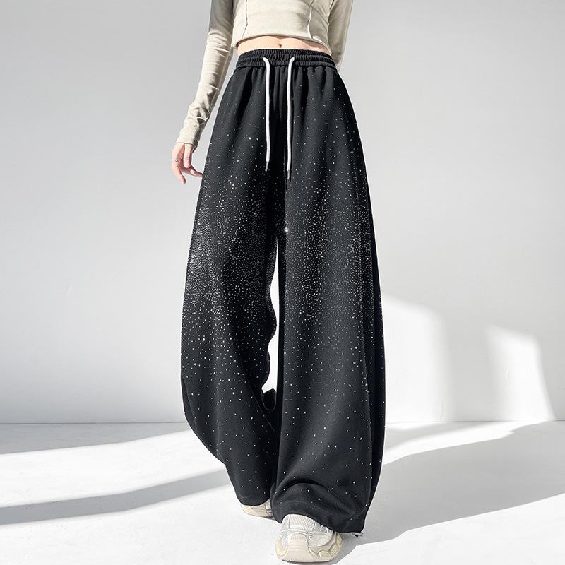 Pantalon de survêtement décontracté large à jambes évasées pour femme, résistant, avec strass, pour le printemps et l'automne