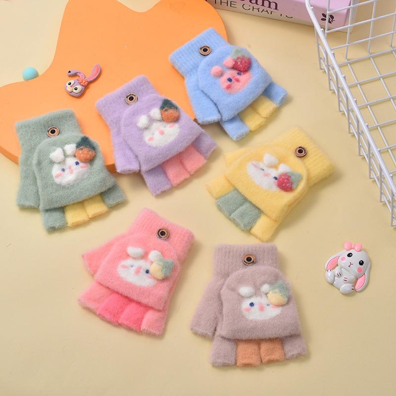 Student Winter Warm Gloves Leaked Finger Fleece Thickened Men's and Women's Writing Cartoon Cute Flip Knitted Half-finger Gloves