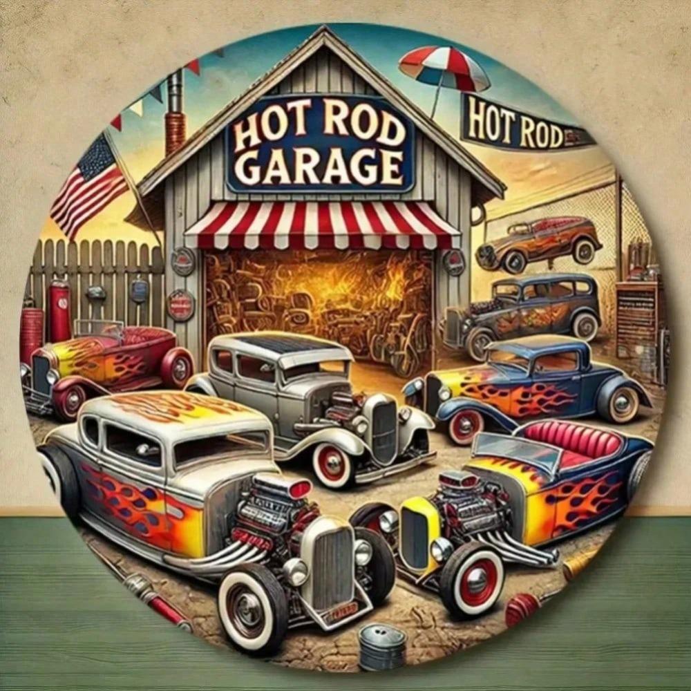 Vintage Hot Rod Garage Round Metal Sign Car Decor for Home