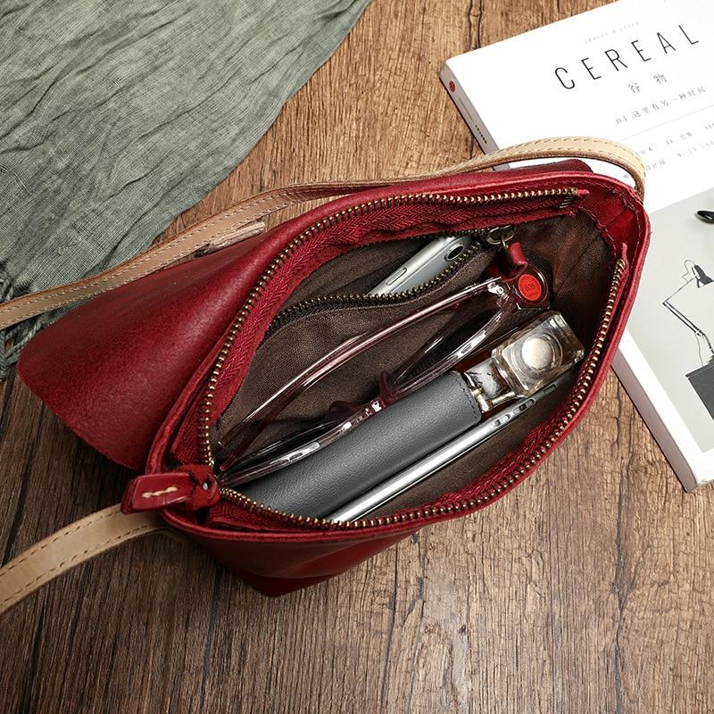 Johnature Einfache natürliche Rindsleder Frauen Tasche Vintage echtes Leder handgemachte kleine einfarbige Schulter- und Umhängetaschen