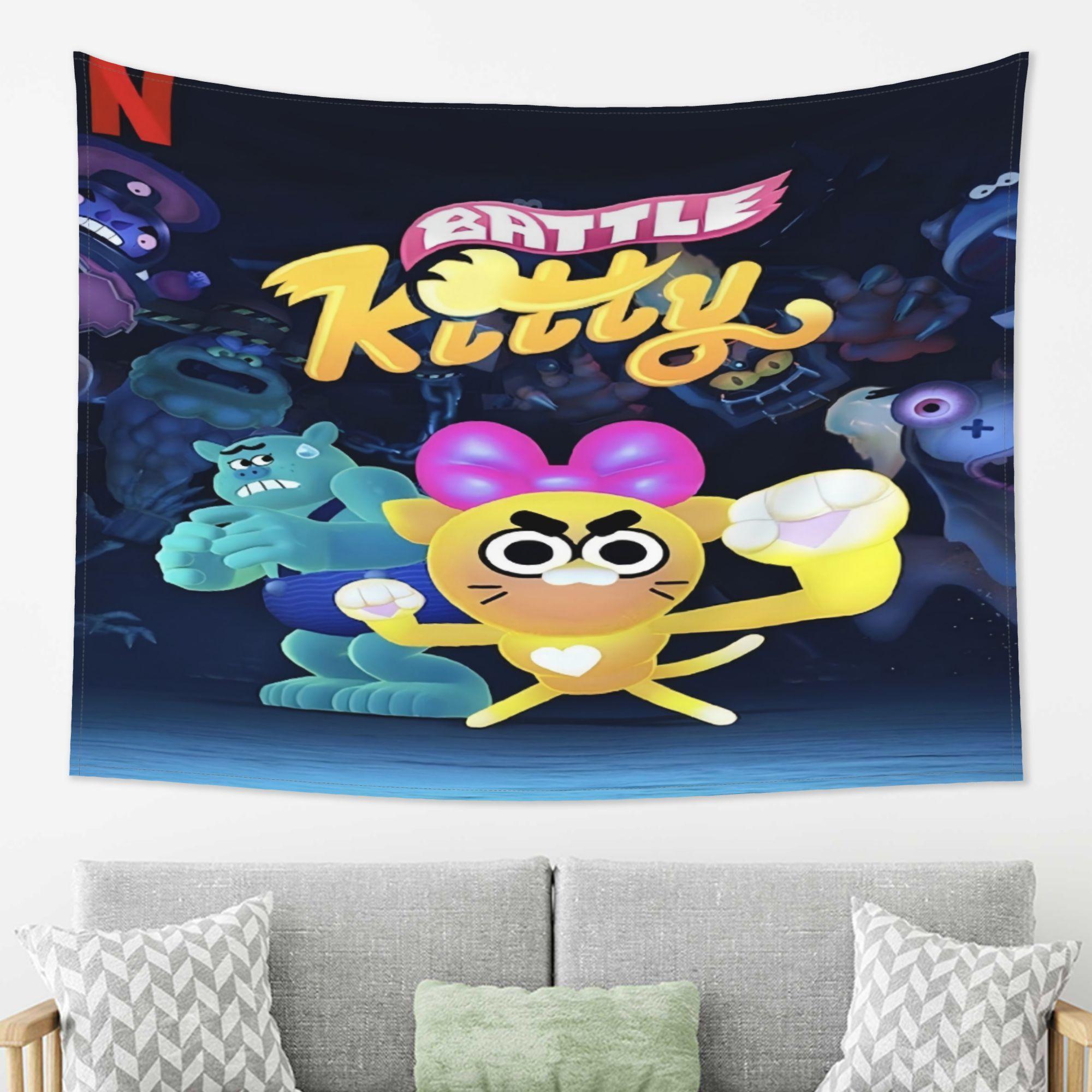 Battle Kitty Tapestry Vibrant CartoonStyle Wall Hanging with Colorful Monsters Stars Perfect for Living Room Bedroom 74x94cm(29x37in)
