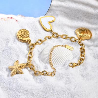Shell Starfish Conch Charms Bracelet for Women,18k Gold Plated Stainless Steel Summer Beach Waterproof Jewelry