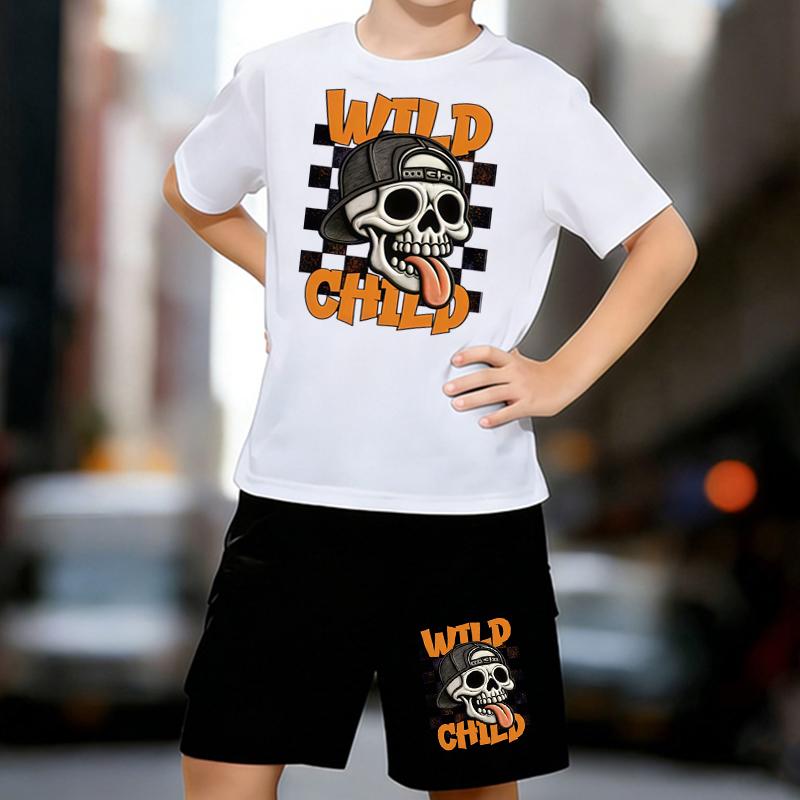 Boys 2 Piece American Street Trend Print Outfit, Short Sleeve T-Shirt and Shorts Set for Kids Age 5-14,Black and White Sporty Casual Summer Clothes