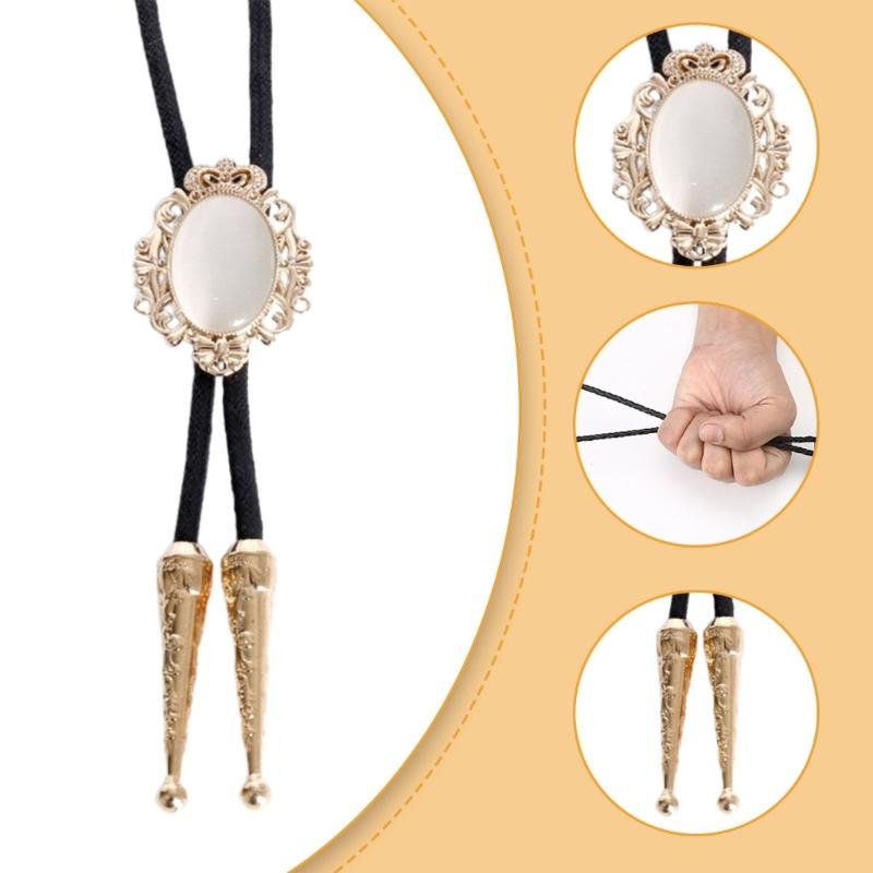 Handmade Vintage Bolo Tie Western Cowboy Leather Rope Wedding Necktie with Metal Flower Crown Stone Jewelry Necklace