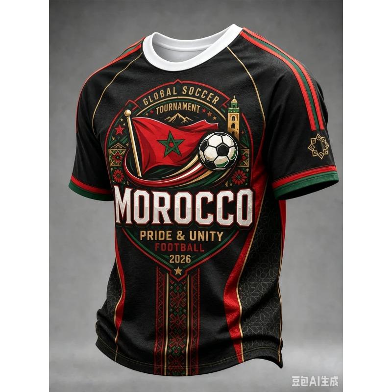 Bobby3 2026 Nieuw Marokko Voetbalfans T-shirt Heren Rood Letterprint Korte Mouw T-shirt Team Voetbal Supporter Casual Sportshirt Top 6XL