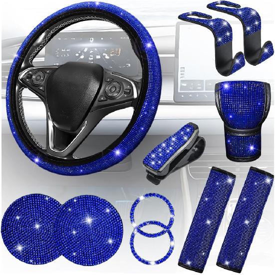 11PCS/Set Bling Car Accessories Set for Women, Rhinestone Vehicle Steering Wheel Cover Seat Belt Cushion Gear Shift Protector Cup Holder Coaster,