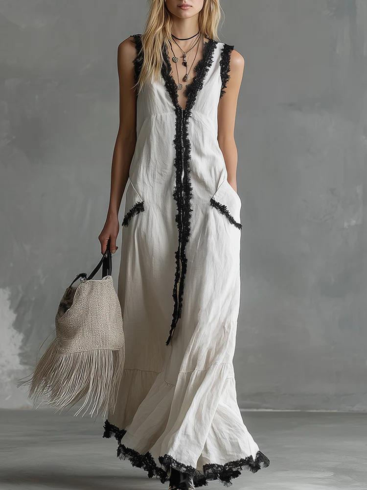 2026 Chic Korean Style Lace Ruffle Patchwork Sleeveless Backless Slimming Maxi Dress Plus Size Medium белый