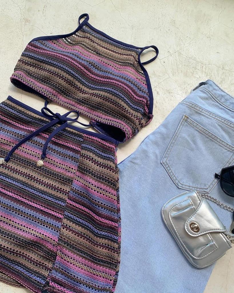 Korean Striped Hollow-Out Backless High-Waist Split Skirt Swimsuit for Women