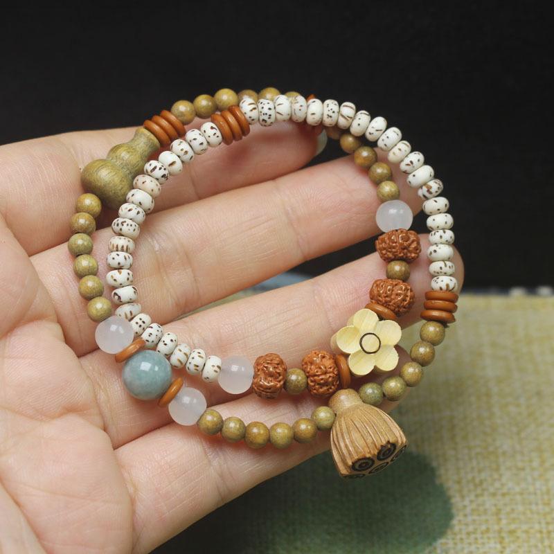 Green Sandalwood Chinese Style Double Loop Bracelet, Flower & Bodhi Prayer Beads Mala, Jewelry & Gift for Women