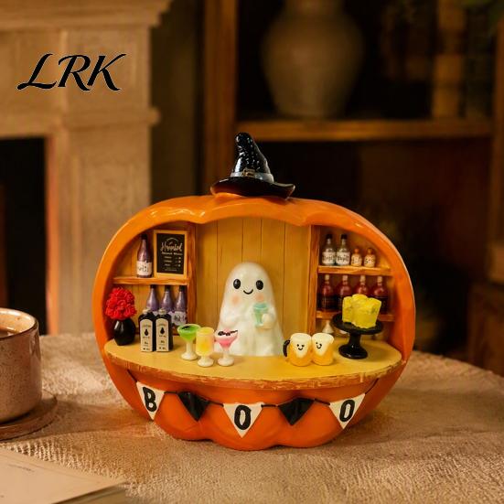 Miniature Ghost Bartender Figurine Pumpkin Figurine, Halloween Mini Bar Scene Coffee Atmosphere Light Decoration for Living Room, Entryway,