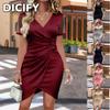 DICFY Vestiti Casual da Donna Moda Estate Primavera Colore Unico Stampa Scollo a V Manica Corta