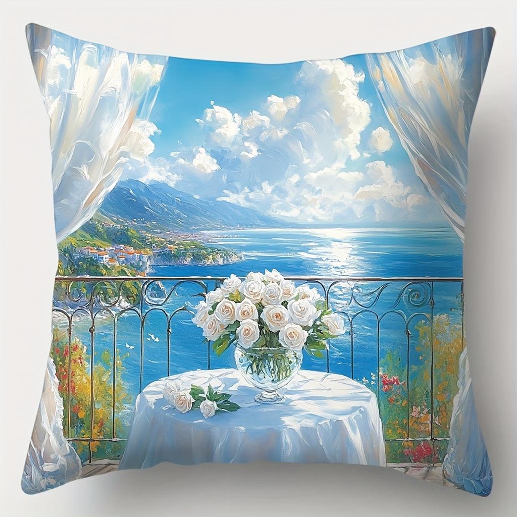 4-Piece Printed Pillowcase Set – Dreamy Sea View Balcony with Blooming Roses, Distant Mountains & Cozy Dining Table