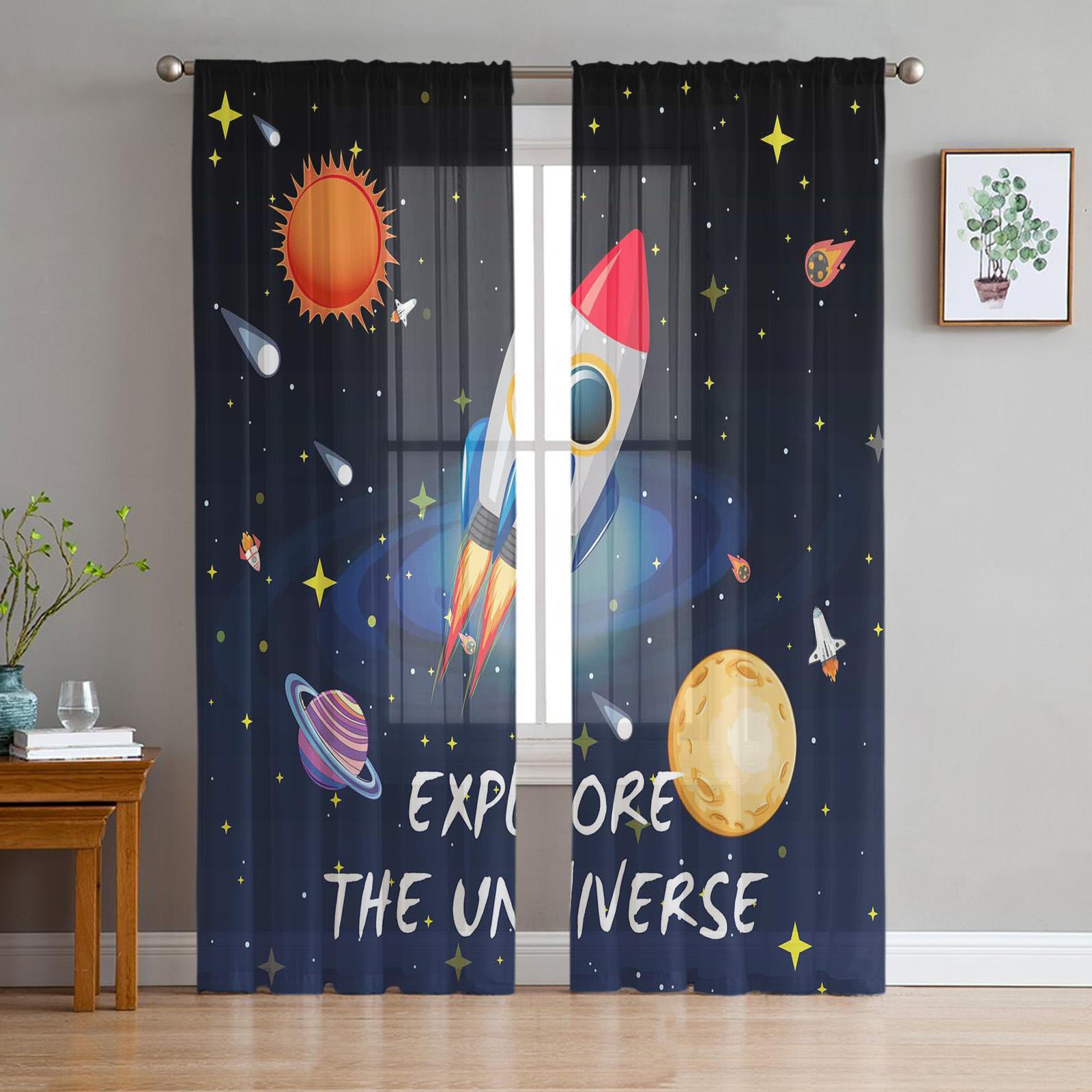 

Space Universe Planet Rocket Sheer Curtains for Living Room Decoration Window Curtains for Kitchen Tulle Voile Organza Curtains W135 x H115cm x1
