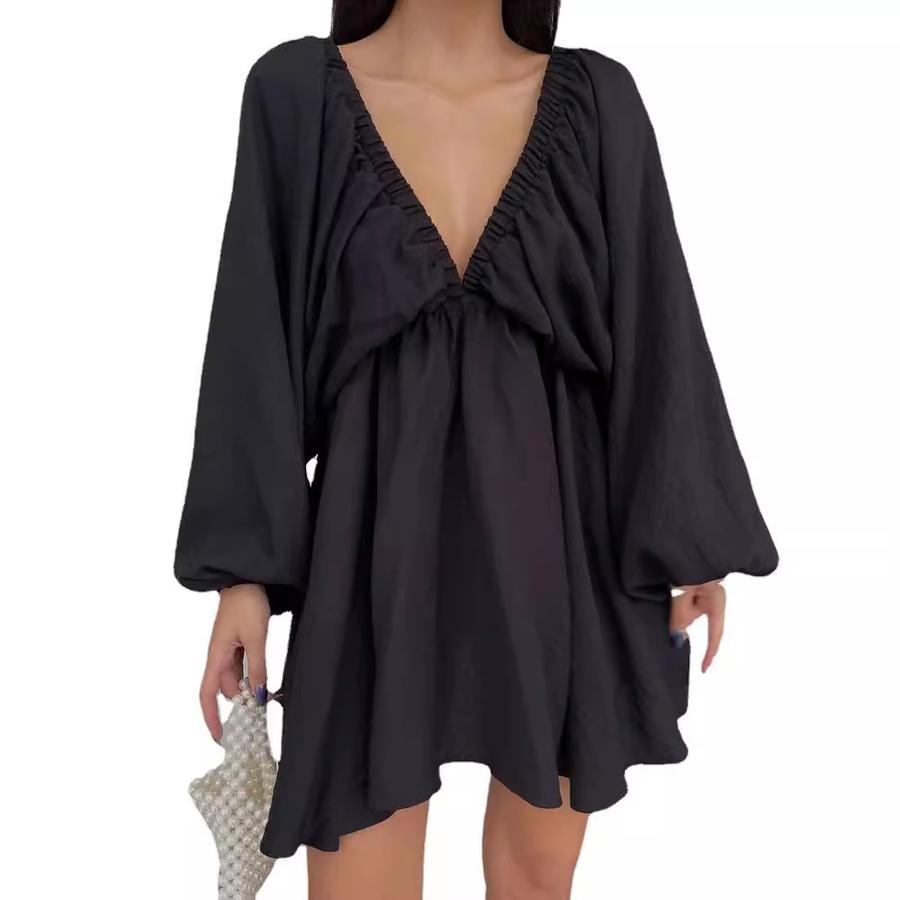 New V-Neck Long Sleeve Dress, Self-Designed Bubble Sleeve Maxi Dress