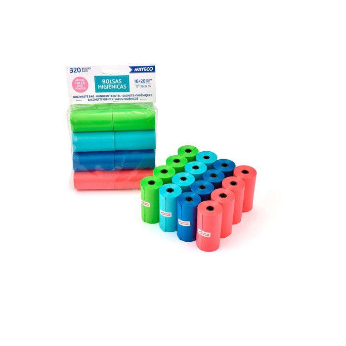 Sacs hygiéniques - NAYECO - Arôme Talco - 16 rouleaux - 20 sacs par rouleau - Pour chiens de toutes tailles