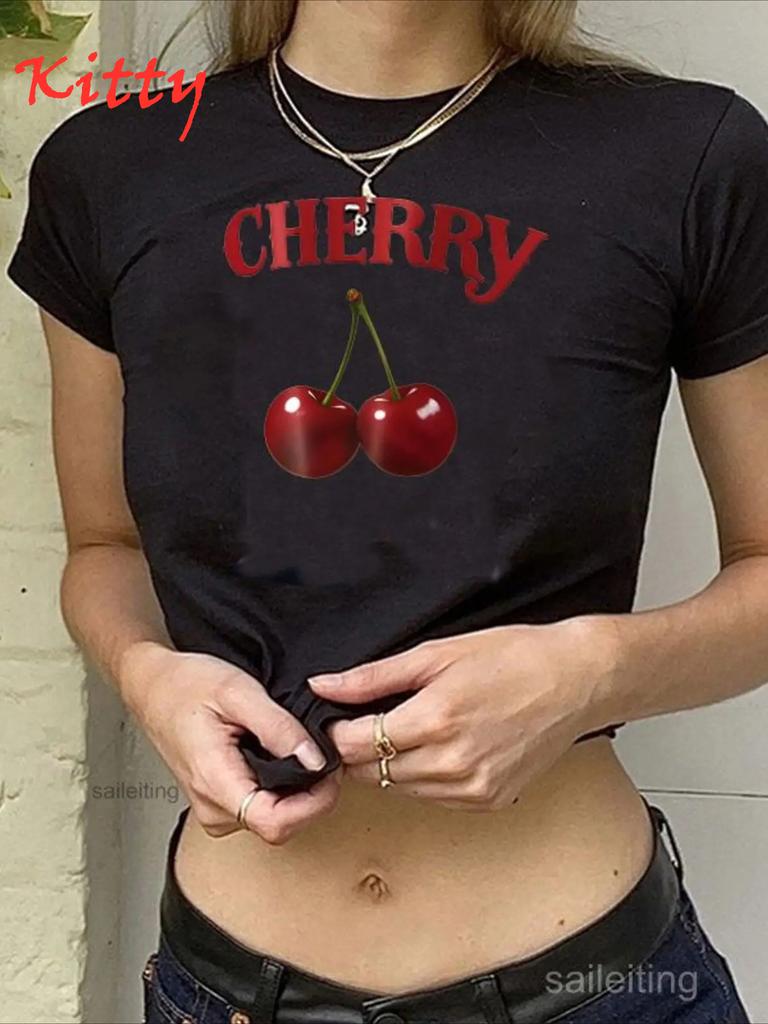 Cherry Printed Crop Top Unisexs Tshirt Short Sleeve Summer Casual Tshirt With Graphic Cherries Trendy Streetwear Tee For Girl