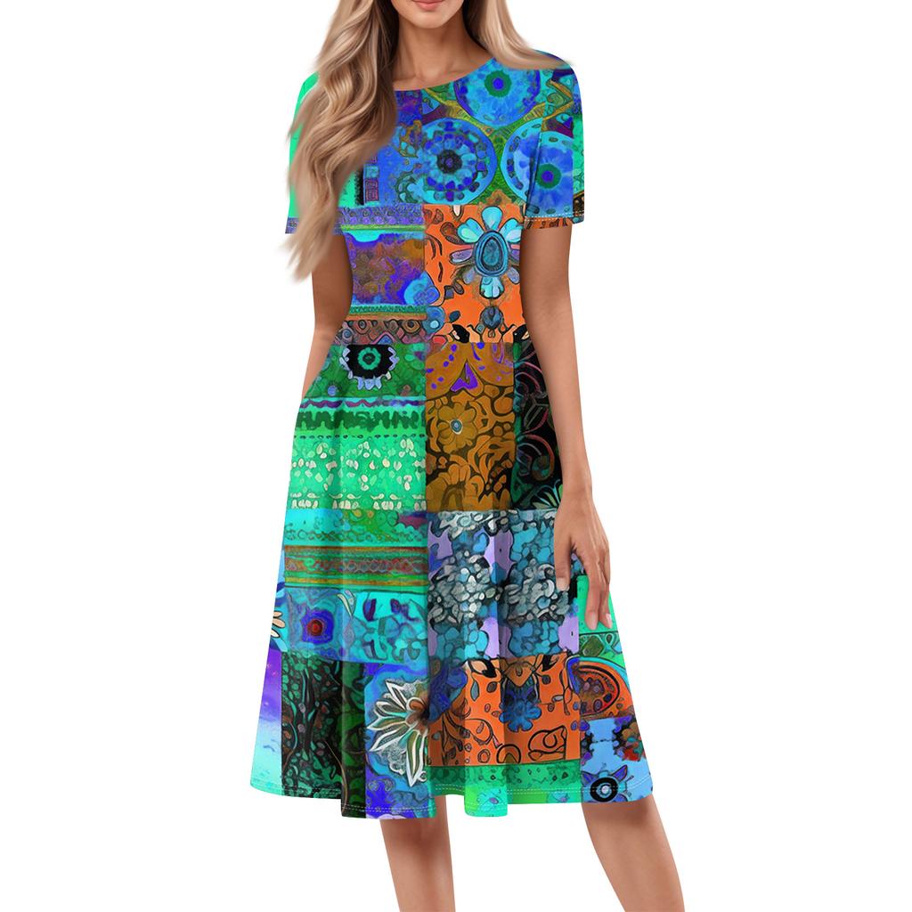 Women Casual Printed Round Neck Short Sleeved Long Dress