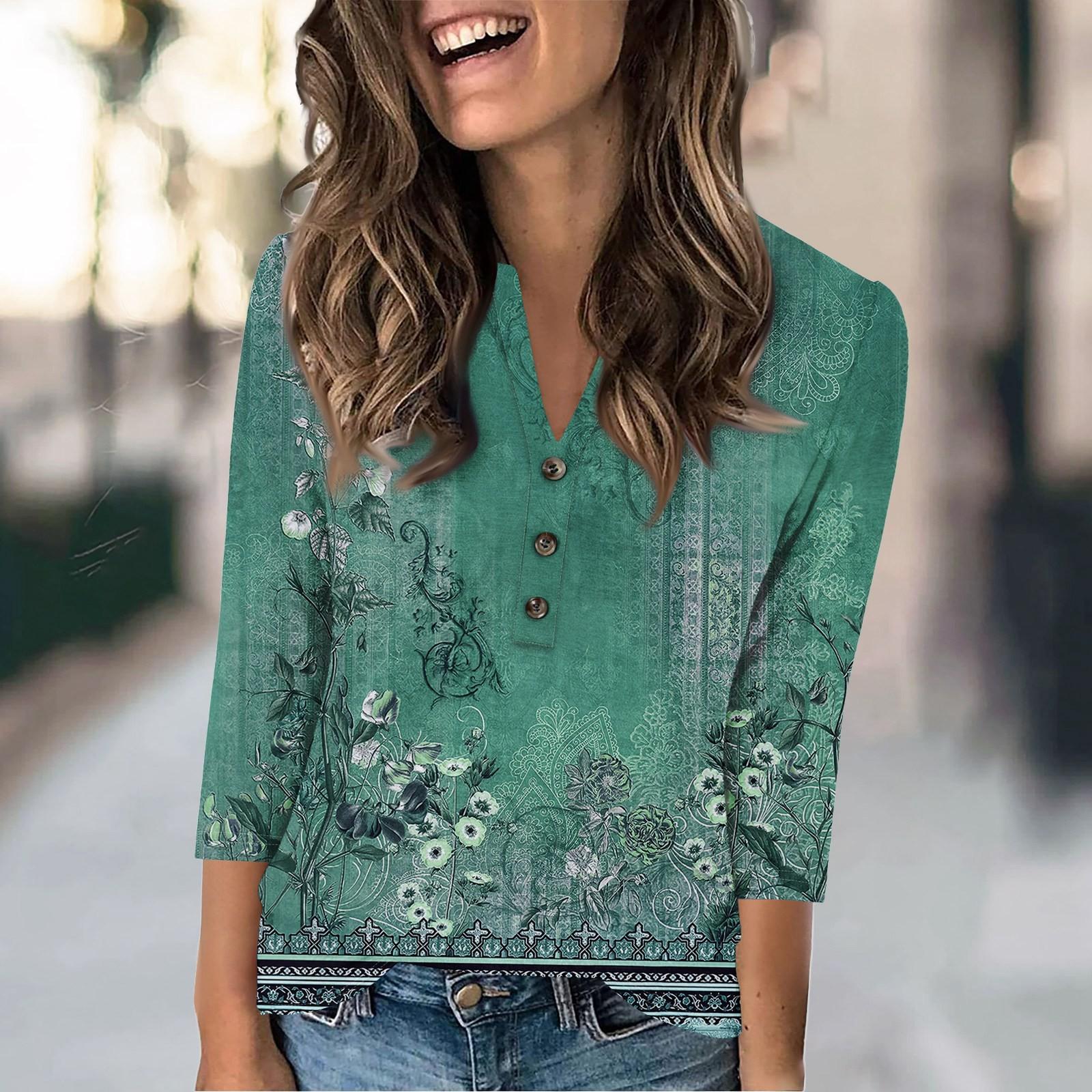 

Женская модная повседневная футболка в стиле ретро с градиентным принтом, V-образным вырезом и рукавом семь четвертей на пуговицах L армия зеленый