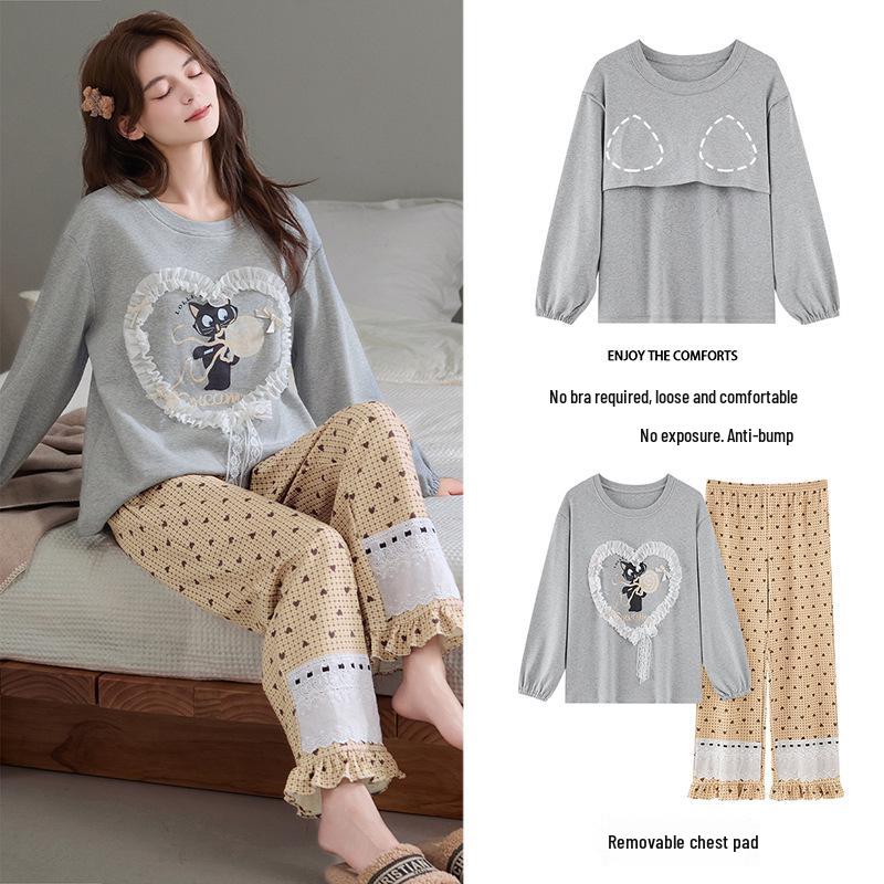 Women's Long Sleeve Cotton Pajama Set with Bra Pads - Sweet Cartoon, Plus Size, Antibacterial, Loose Fit