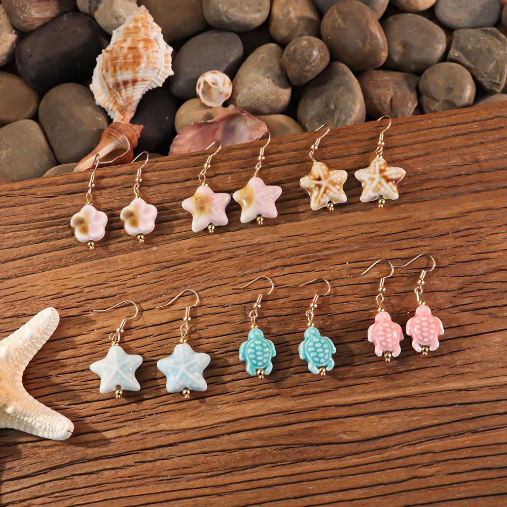 Ocean Elements Ceramic Starfish Turtle Necklace Bracelet Set, Three-dimensional Soft Pottery Flower Adjustable Weaving Jewelry