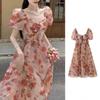 Elegant Fairy Floral Square-Neck Dress - Waist-Cinching Princess Design for Women, Perfect for Summer Tea Breaks