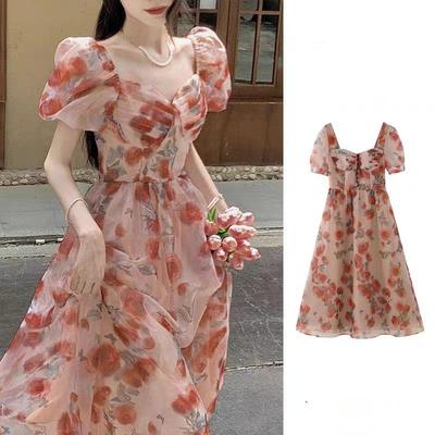 Elegant Fairy Floral Square-Neck Dress - Waist-Cinching Princess Design for Women, Perfect for Summer Tea Breaks
