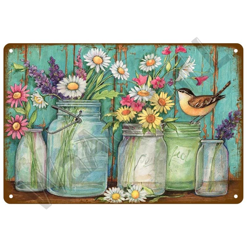 Retro Flowers Bird Metal Sign Garden Decorations Wall Art Mural Vintage Tin Sign Home Plate Room Decor Garden Painting Gift F