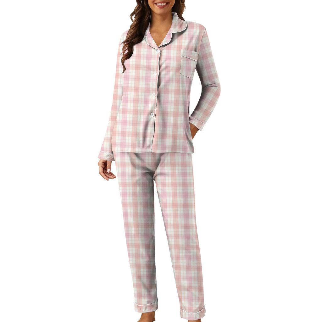 Conjunto de Ropa de Casa Casual para Mujer con Estampado de Cuadros y Parches, de Manga Larga
