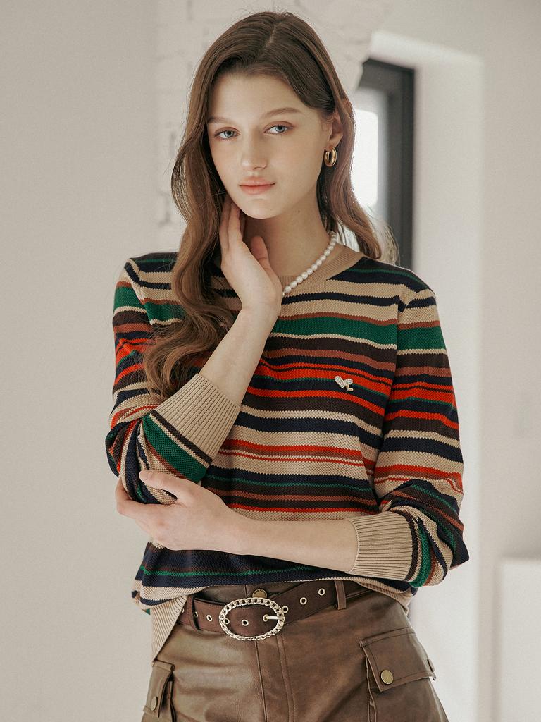 MAXZA Multi-Stripe Pattern Round Neck Knit