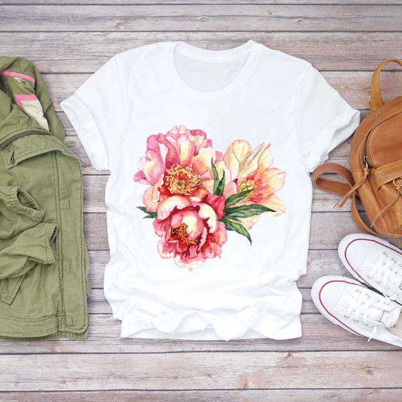 Summer Round Neck Floral Print Top Fashionable Casual Short Sleeved Women's Pure Cotton T-shirts