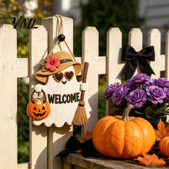 Halloween Party Supplies Ghost Welcome Door Hanger, Cute Wooden Sign with Witch Hat & Pumpkin Wall Elements, Fall Indoor Outdoor Decor for Holiday