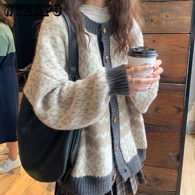 Retro Diamond Patterned Sweater Jacket for Women Autumn and Winter Loose and Thick Knit Cardigan Top