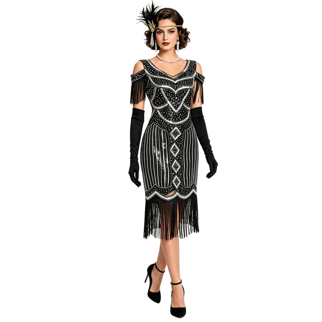 Rochie de damă anii 1920 Rochie cu decolteu în V Roaring 20s Rochie Great Gatsby Rochie de seară Rochii de petrecere cocktail Paiete Mărgele Tiv cu franjuri Rochie Flapper pentru femei