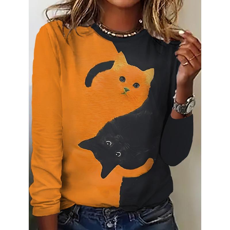 Camiseta de Otoño para Mujer de Manga Larga Estampado de Gato Lindo Calle Casual Cuello Redondo Jersey Ropa Oversize