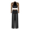 S-XXL Women Two-Piece Lyrical Dance Outfit Mock Neck Long Sleeve Cutout Back Sequins Rhinestones Crop Top with Side Split Sheer Chiffon Pants